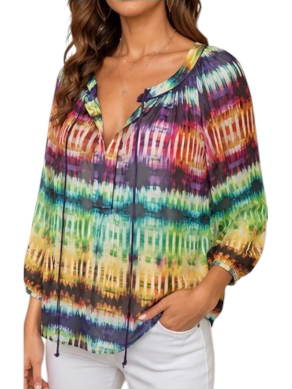 Trina Turk | 100% Silk Colorful Tie-Dye Peasant Blouse Sz M EUC